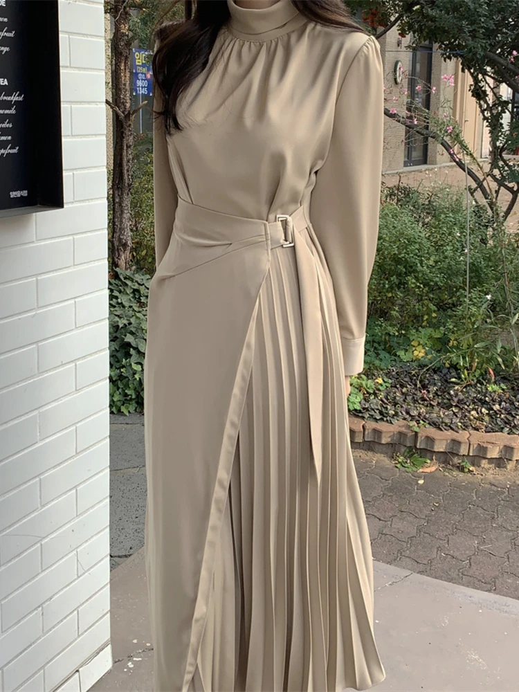 

Sping Elegant Women Turtleneck Lace-up Pleated Dresses Female Full Sleeve Slim Waist A-line Dresses Casual Midi Vestidos