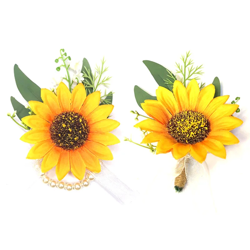 

Sunflower Boutonnieres Wrist Corsage Bridesmaid Artificial Flowers Peart Bracelet Groomsman Brooch Wedding Party Supplies
