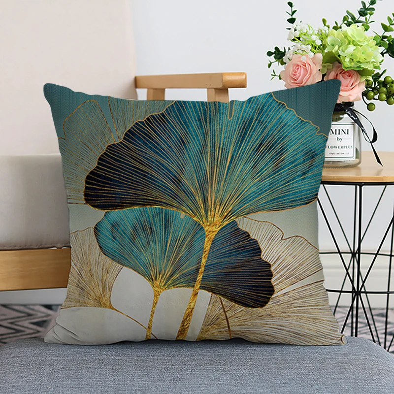 45x45cm Ginkgo Biloba Polyester Cushion Cover Black Golden Leaves Waist Pillow Case Living Room Chair Sofa Home Decoration