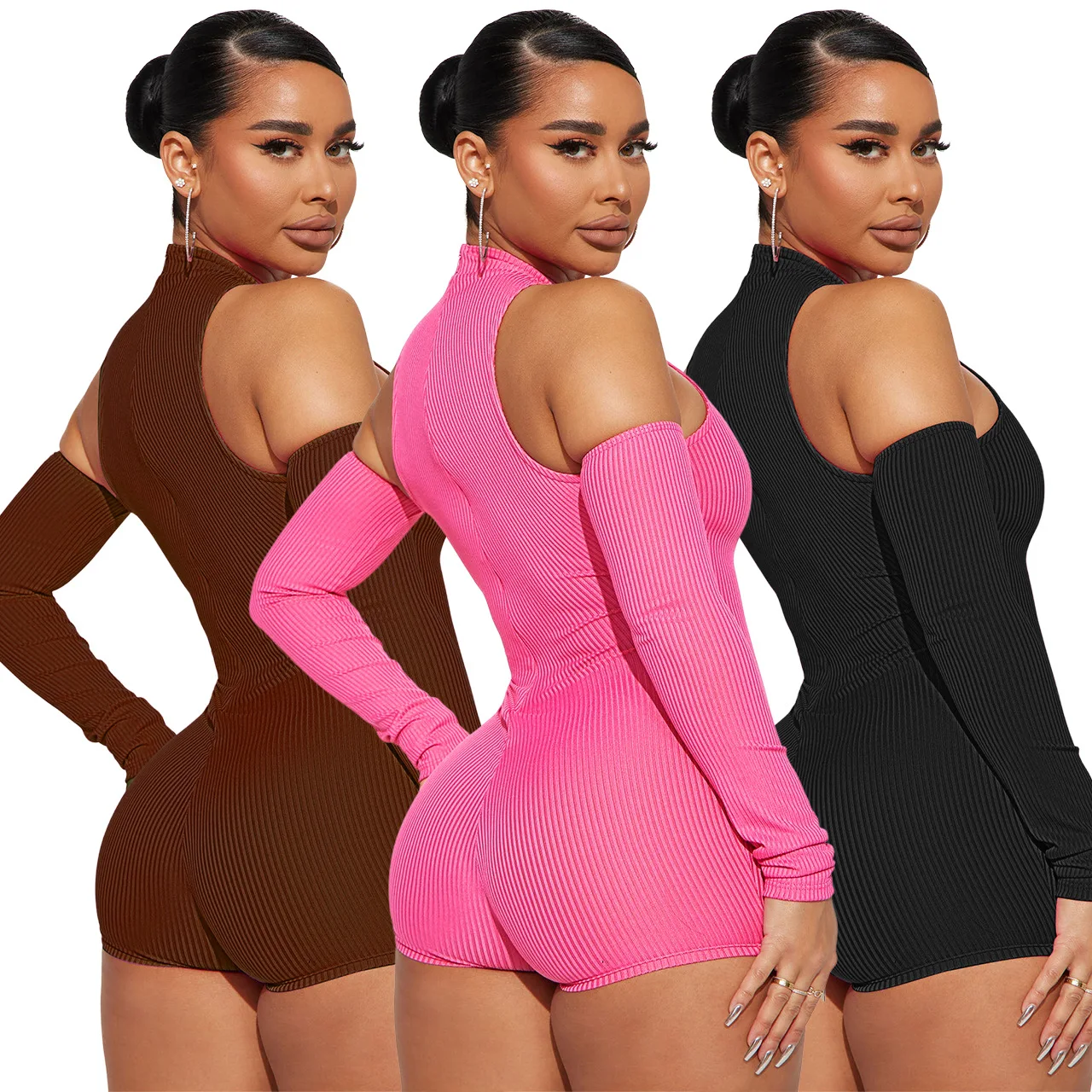 Sexy Knitted Off Shoulder Jumpsuit Shorts Pants Bodysuits Slim Playsuits Women Outfits Bodycon Long Sleeve Rompers Y2K Clothes