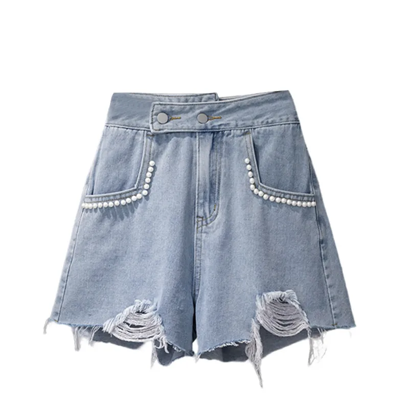 

Women Denim Shorts Beading Solid Asymmetrical Stylish High Waist Vintage Casual Fur-lined Irregular Designed Elegant Sweet L-4XL