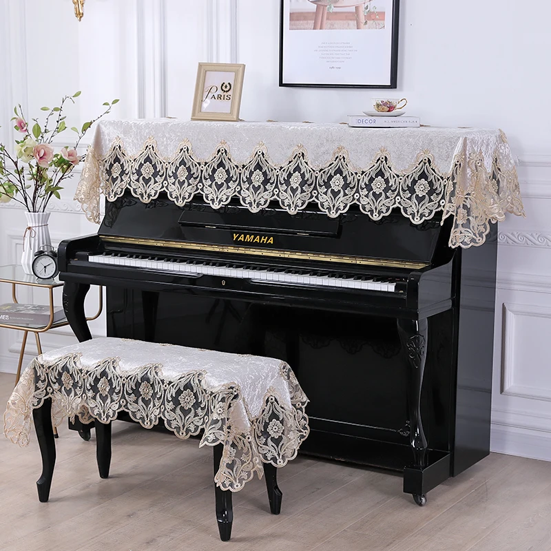 Piano Cover Golden Velvet Table Cloth Blue Stool European Embroidered Dustproof Towel Water-Soluble Lace Flower Cover Dust Cover