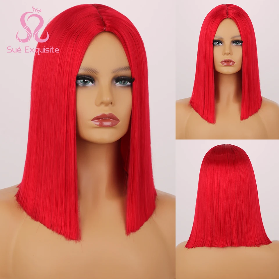 

SUe EXQUISITE Synthetic Wigs Short Red Wig Straight Bob Wigs for Women Middle Part Highlight Blonde Pink Orange Cosplay Hairs