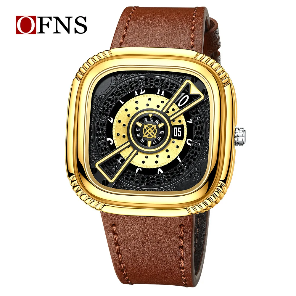 Мужские кварцевые часы Fashion Ofns 1312 с креативным квадратным циферблатом в стиле скелетона, многофункциональные, водонепроницаемые, с ремешком из натуральной кожи. (art.: 3920da7da6bc2) - 3920da7da6bc2
