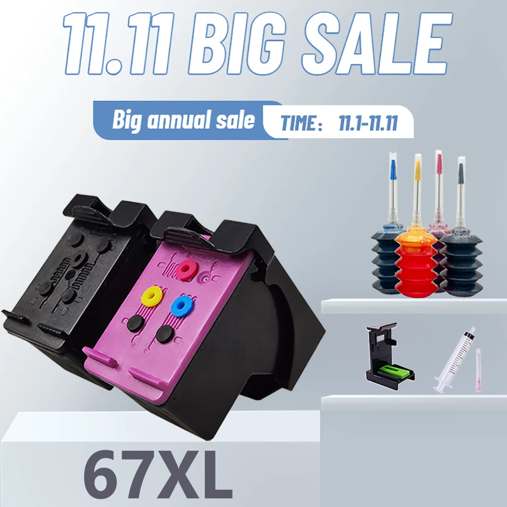 

67XL Refillable CISS Ink Cartridge Replacement HP 67 HP67 for HP Deskjet 2723 2752 2721 2700 ENVY 6020 6052 6055 6420 6452 6455