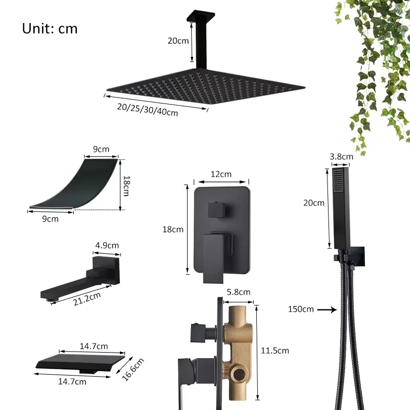 

Matte Black Ceiling Shower Faucet Rainfall Waterfall Ceiling Mount Shower System 3-way Hot Cold Water Mixer Bath Shower