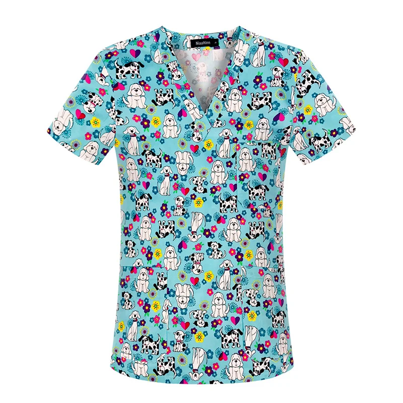 

Women Scrub Tops with V-Neck 100% Cotton Animal Printed Scrubs Uniforms Pet Hospital Nurse Scrub Tops for Women Wholesale Prices