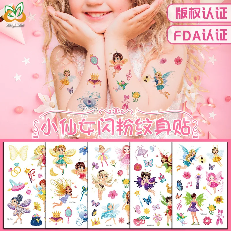 

2Pcs Glitter Powder Fairy Tattoos Butterfly Rainbow Castle Flowers Temporary Body Stickers Disposable Children Party Makeup