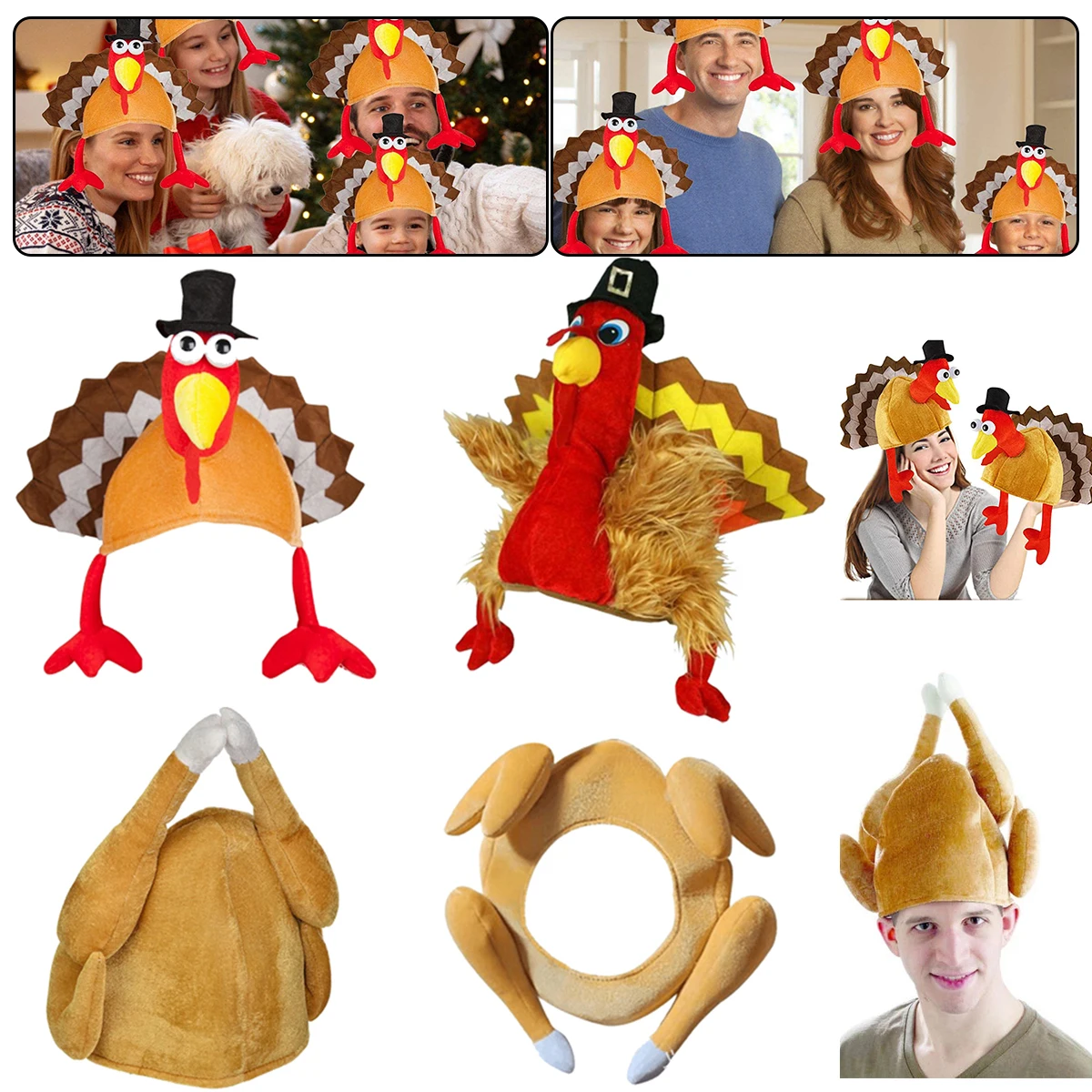 

2022 Plush Roasted Turkey Hats Funny Thanksgiving Hat Cooked Chicken Bird Costume for Festival Party Adults Dress Up Supplies
