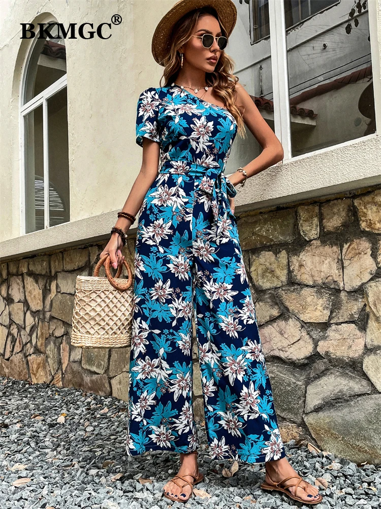 

BKMGC Jumpsuit Women Elegance One Shoulder Rompers Summer Short Sleeve Belt Straight Wide Leg Jumpsuits Blue Outfits 2889