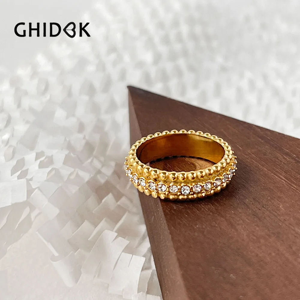 

Ghidbk Stainless Steel 18K Gold Plated Triple Layer Beaded Rhinestone Wide Band Finger Ring for Women Minimal Jewelry Trend