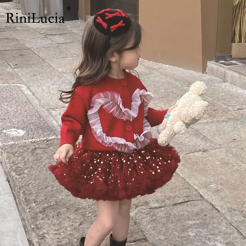 

RiniLucia 2022 Girls Clothes Cute Kids Toddler Baby Long Sleeve Cardigan Sweater Mesh Spliced Autumn Winter Warm Girl Knitwear