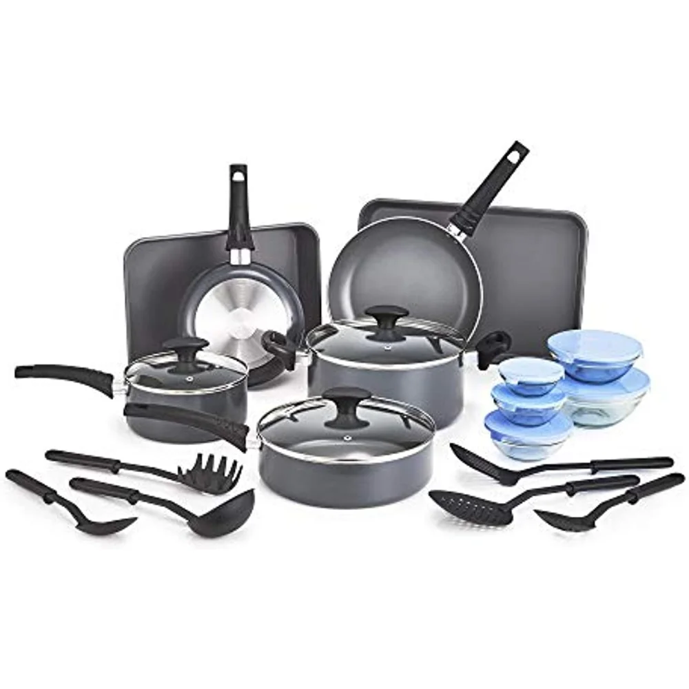 

21 Piece Cook Bake and Store Set, Assorted Non Stick Cookware, Cooking Tools, 5 Glass Storage Bowls w Lids, BPA & PFOA Free