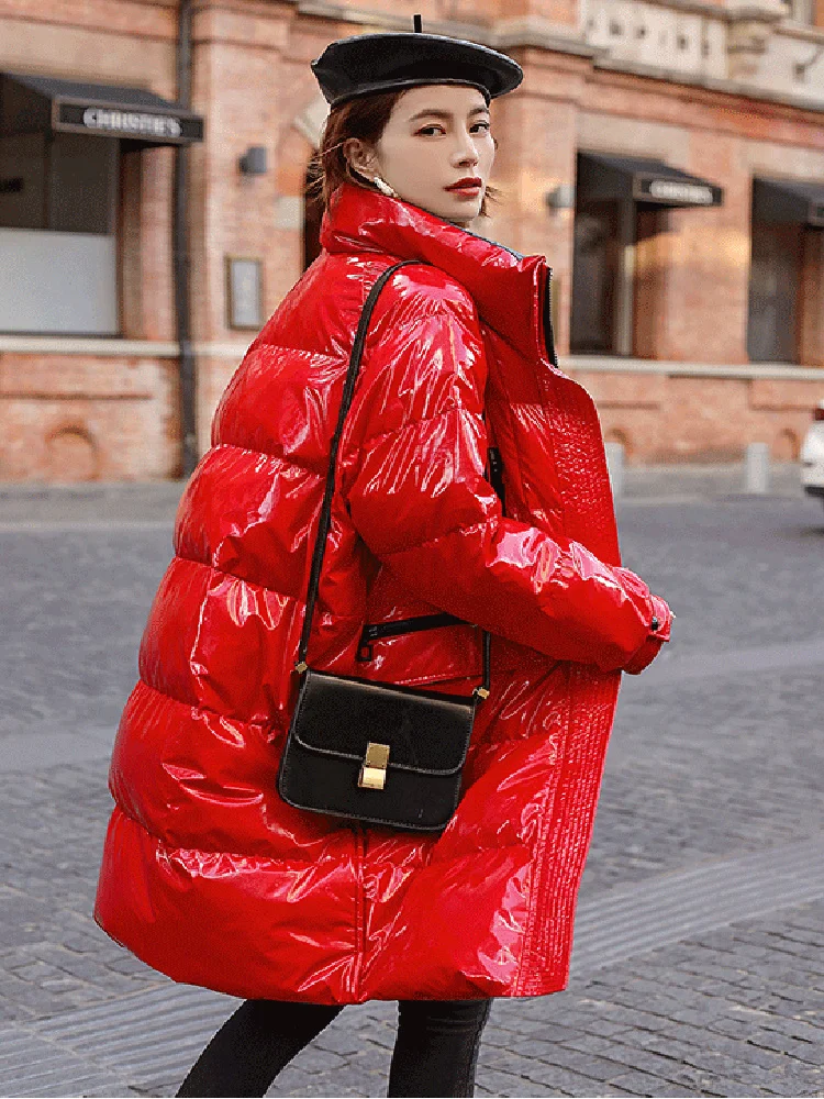 Зимняя куртка блестящая женская парка пуховые хлопковые куртки красное пальто