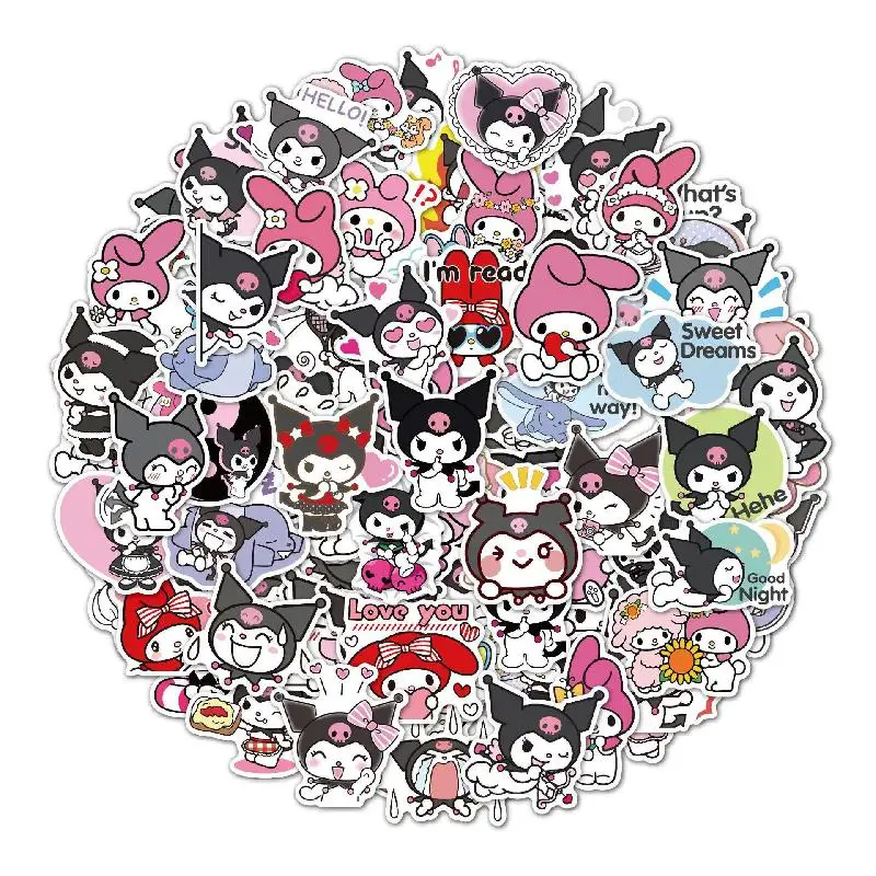

Товары Sanrio 100-200 шт., наклейки Kuromi, Мультяшные водонепроницаемые съемные канцелярские принадлежности Kuromi, скейтборд, искусственная игрушка д...
