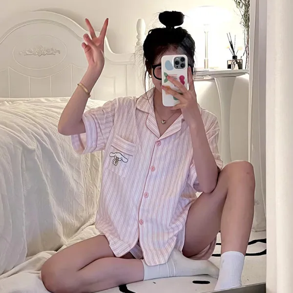 Japanese nightwear girl summer cute ins style cartoon dog short sleeve pure cotton two-piece sweet home clothes