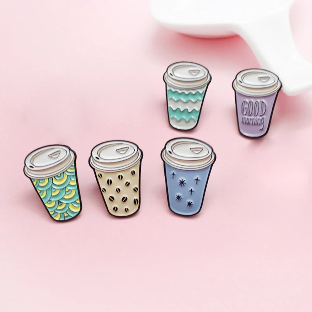 

Cute Coffee Cup Good Morning Travel Cup Brooches Enamel Pin Coffee Life Lovers Badge Brooch Lapel Pin Jewelry For Women Kids
