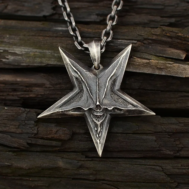 

Men's Satan Satan Inverted Pentagram Necklace Baphomet Jewelry Demon Chaos Star Skull Pendant Ancient Silver Wholesale