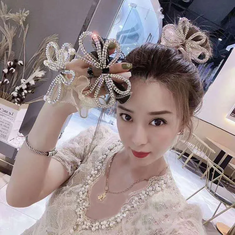 

Hair Ring Yarn Tube Bow Inlaid with Diamond Wood Ear Side Large Intestine Ring Head Rope Ball Head Coil Hair Head Flower Girl