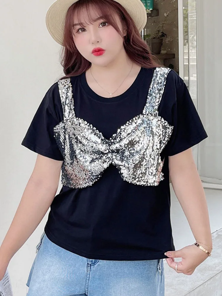 

Oversized T-Shirt For Women Cotton Fashion Sequined Wrap Chest Style Tees False Two Pieces Short Sleeve Tops