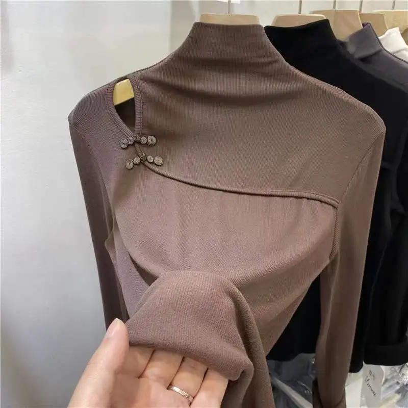 Ground Plush Chinese Style Improved Cheongsam Bottomed Shirt Half High Collar Pan Buckle Off Shoulder Long Sleeve T-shirt