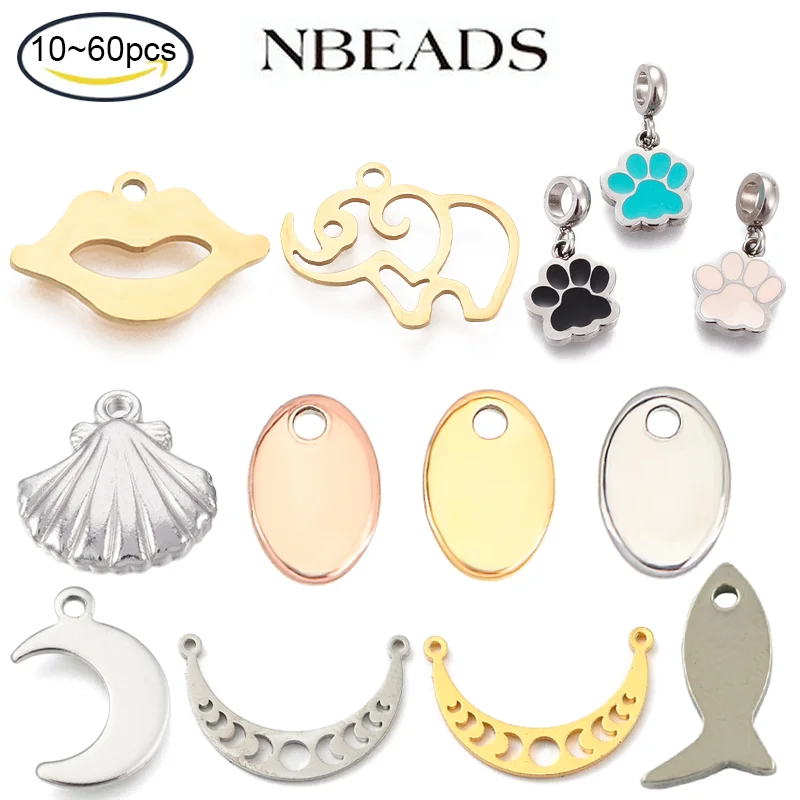 

NBEADS 10-60 PCS 3 Colors Oval Stainless Steel Charm many shapes 9-14x6-21.5x1-3mm hole: 1-2.5 mm Small Hole Tag Pendants