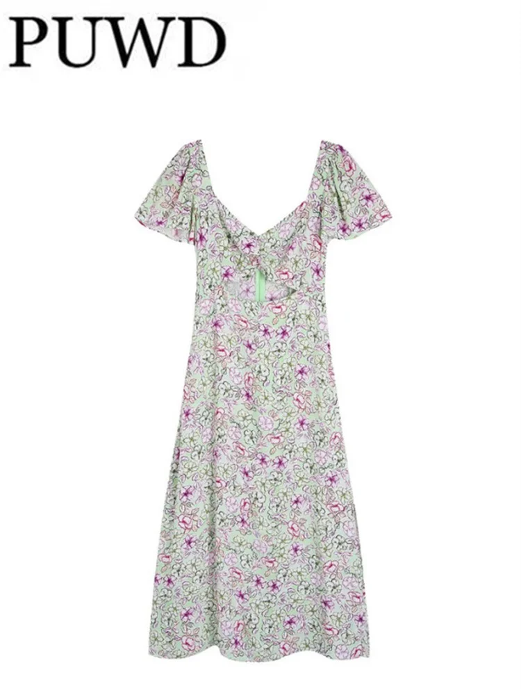 

PUWD Women V Neck Hollow Out Waist Dress 2022 Spring Fashion Ladies High Street Sweet Dress Female Short Sleeve Printed Dress