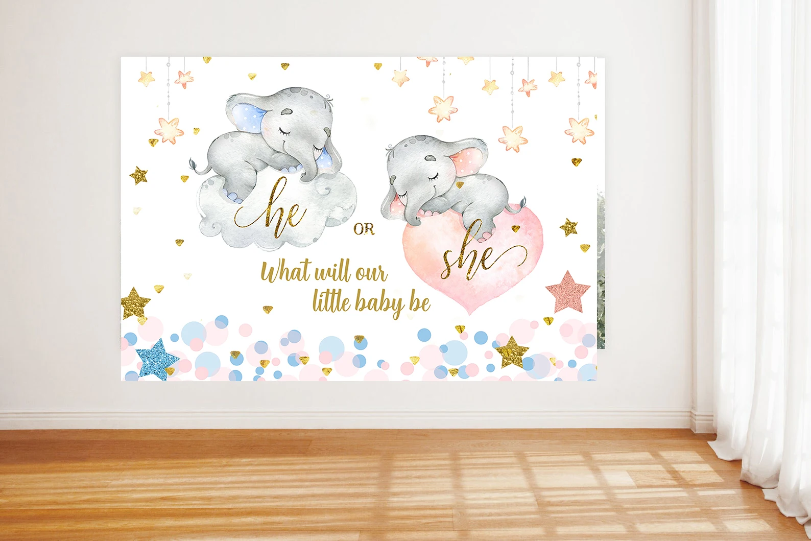 

Gender Reveal Party Backdrop Elephant He Or She Banner Bear What Will Our Baby Be Background Pink Or Blue Poster Decoration