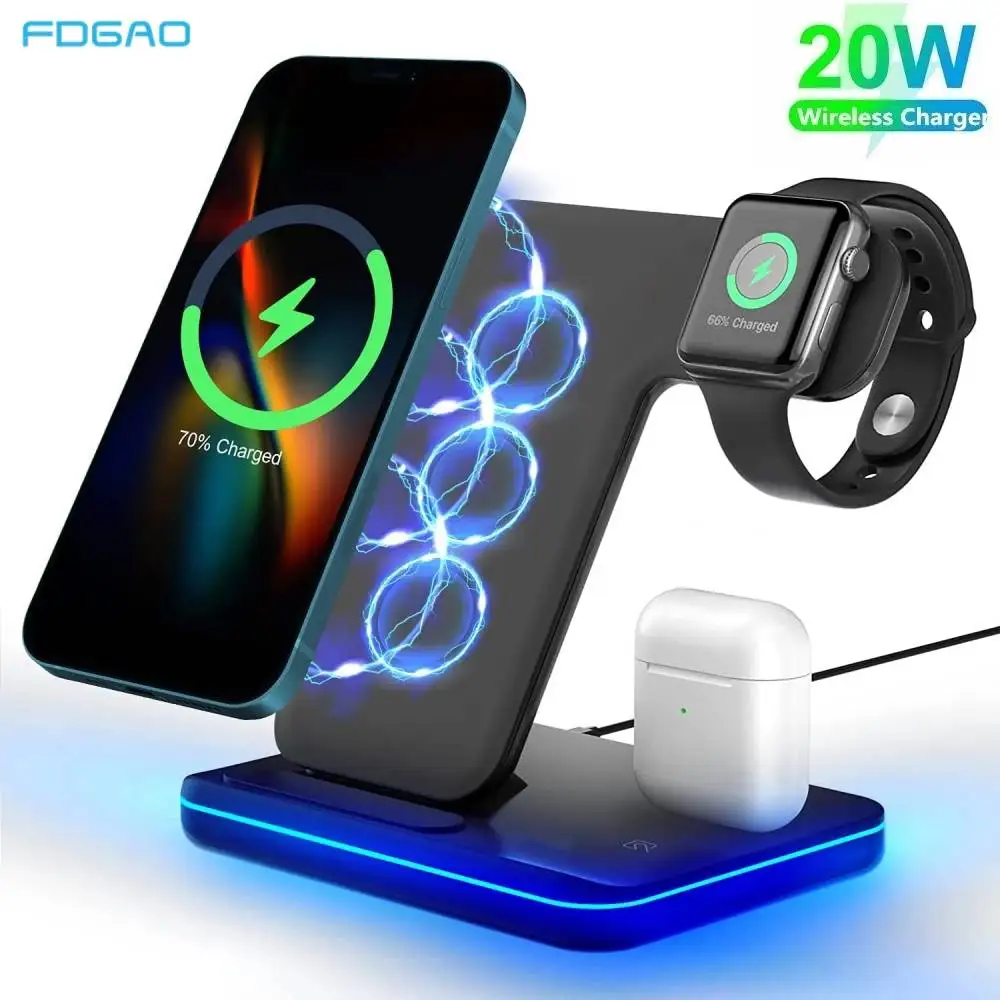 

Беспроводное зарядное устройство Qi 3 в 1, подставка для Apple Watch 8 7 6 5 iPhone 14 13 12 11 Pro X XS MAX XR 8 Airpods, 20 Вт