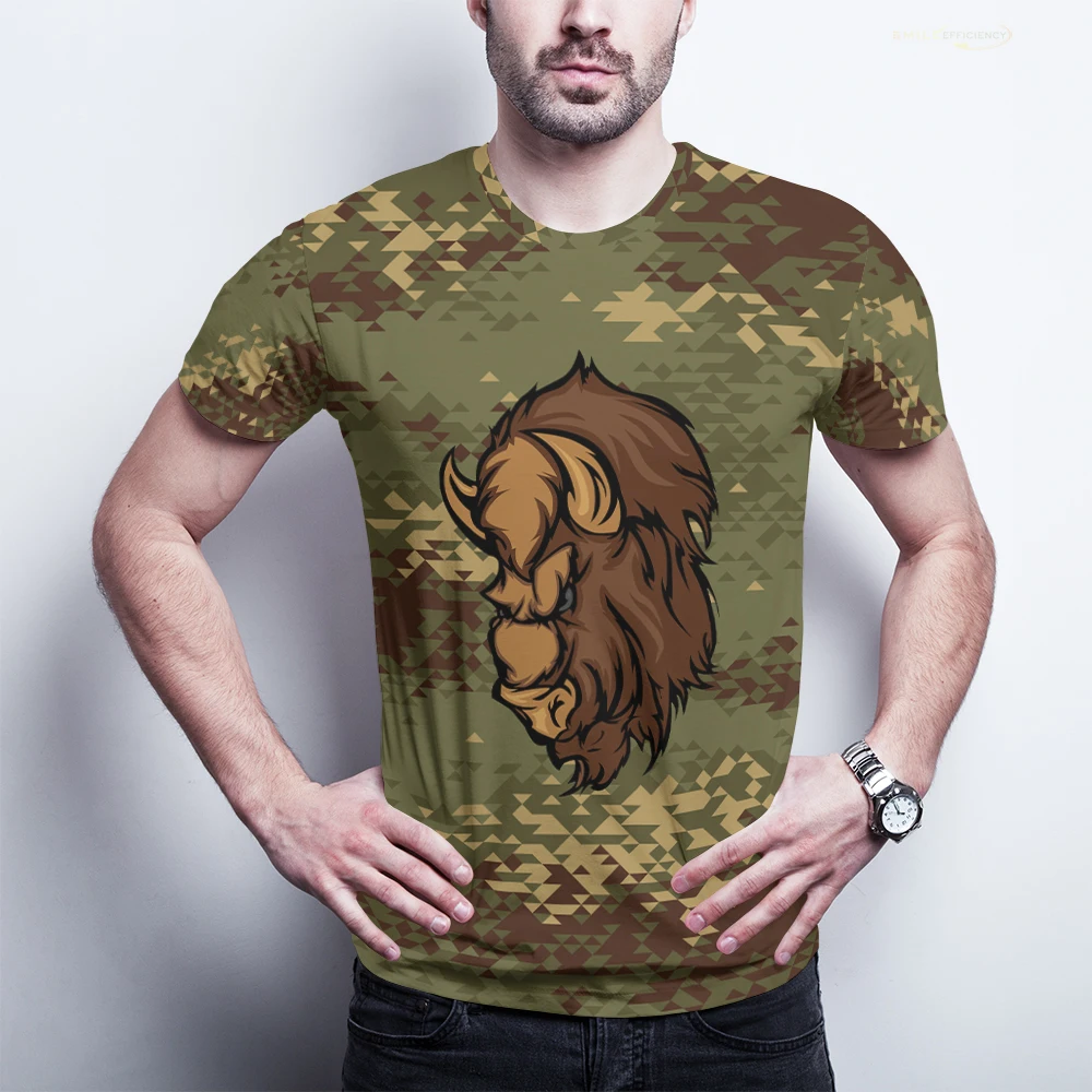 2022 летняя Винтажная футболка с 3D-принтом камуфляжная Bison Ox head Graphic Уличная