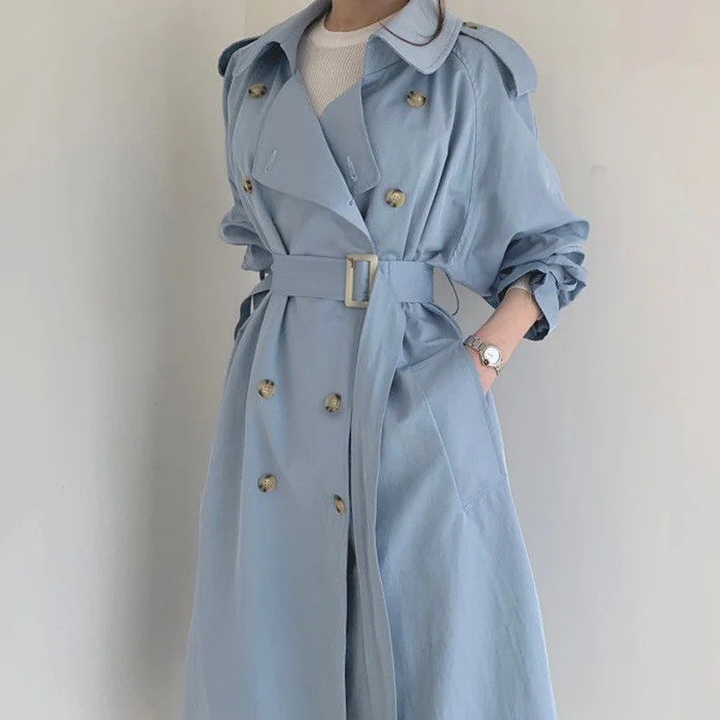 

Autumn 2023 Mid-length Beige Trench With Sashes Women Elegant Loose Double Breasted Back Slit Button Decoration Windbreaker Coat