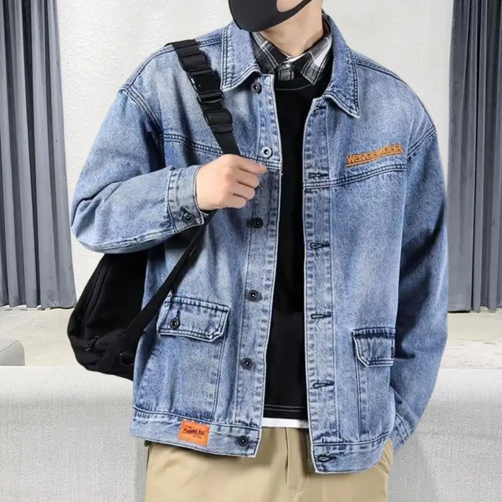 

Stylish Men Casual Coat Long Sleeves Plus Size Tooling Jacket Spring Autumn Tooling Denim Clothing