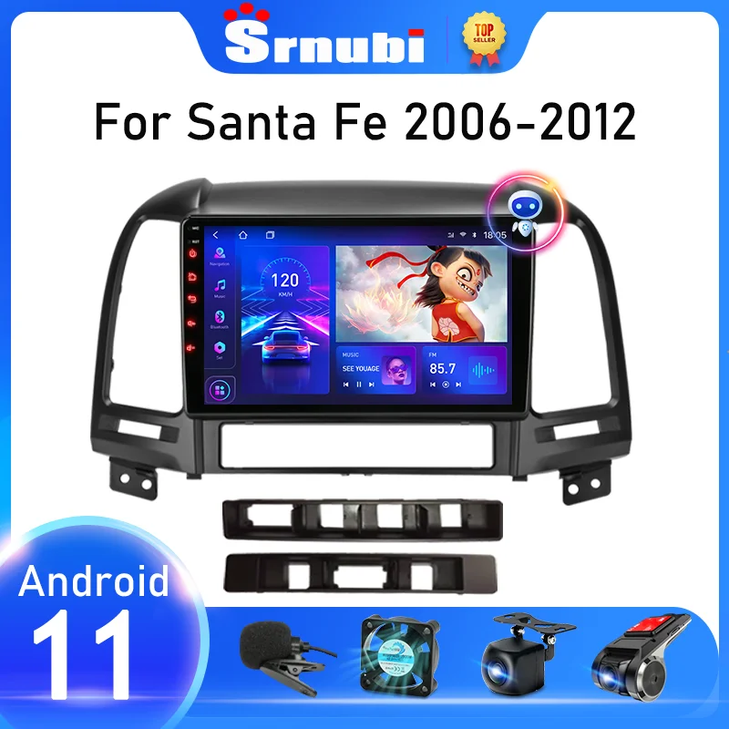 srnubi 9 android 10 car radio for hyundai santa fe 2 2006 2012 gps navigation 2 din 4g wifi dsp rds multimedia video player dvd free global shipping