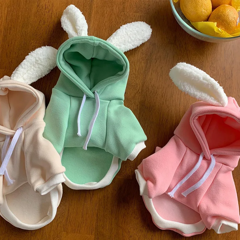 

Winter Puppy Dog Color Rabbit Ears Plus Velvet Hooded Sweater Cat Legs Clothes Pet Clothes Cartoon Rabbit Warm Sweater