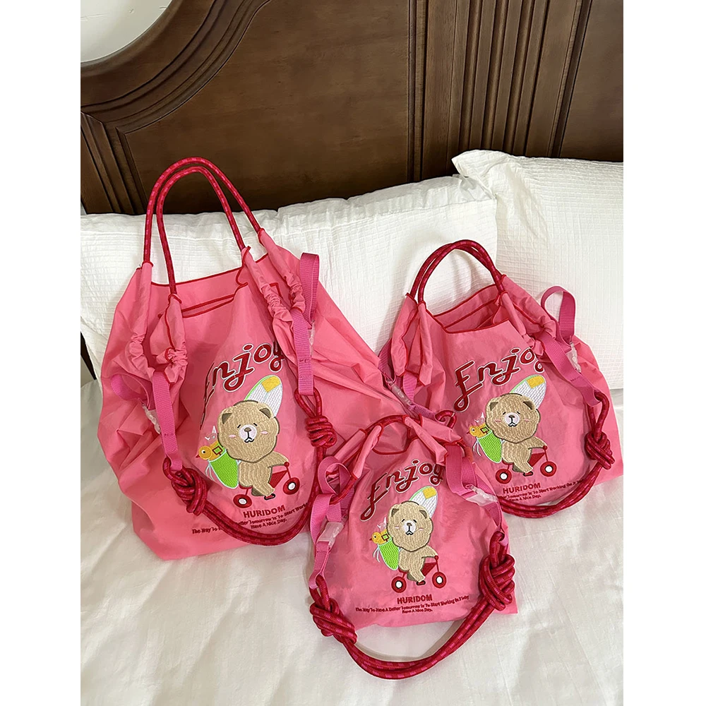Cartoon Embroidery Eco Bag Bear Designer Women Shoulder Bag Rope Handle Shopper Purses and Handbags Nylon Tote Bags for Women