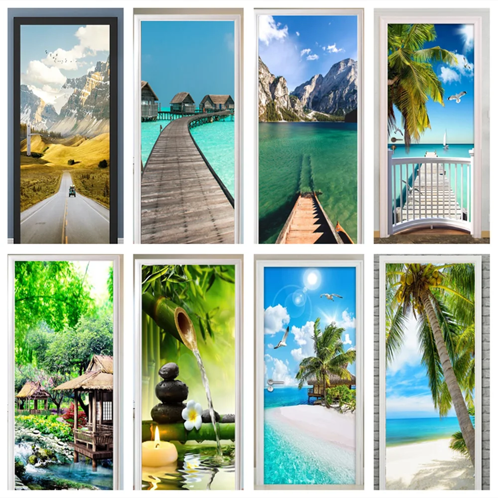 

Self-adhesive Door Wallpaper PVC Home Design Decoration Beach Road Sticker Porte Scenery Poster Mural Wall Decals deursticker