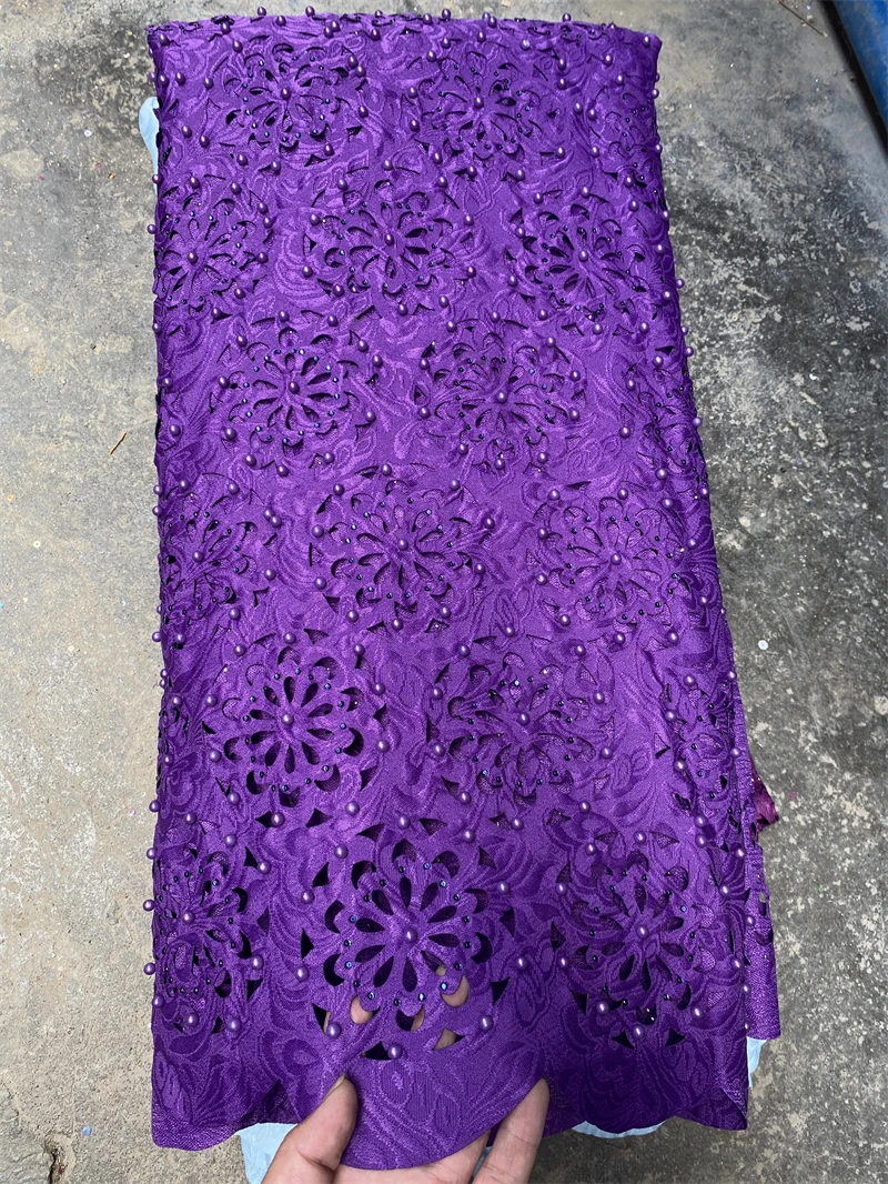 

Африканское кружево с бусинами, жаккардовая ткань, ажурные африканские нигерийские кружевные ткани с бусинами для женского платья, 5 ярдов/...