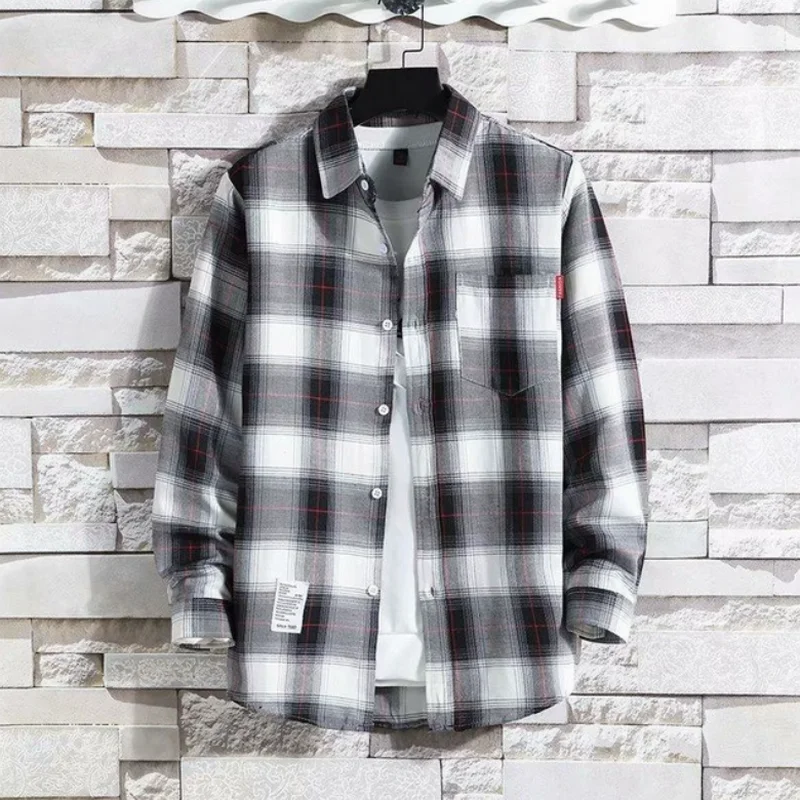 

Spring Autumn Men's Korean Fashion Plaid Pocket Shirt Handsome Standard-fit Long Sleeve Blouse Shirts For Men