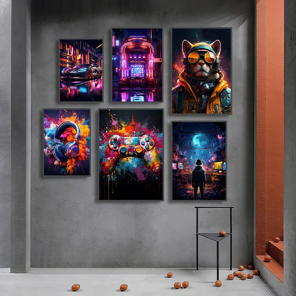 Цветные неоновые настенные плакаты в стиле киберпанк 80-х 90-х годов игровой