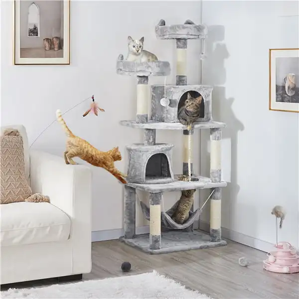 

62.2'' H Multi Level Cat Tree Tower Condo with 2 Condos, 2 Foam-Padded Perches, Scratching Post & Fur Ball, Light Gray