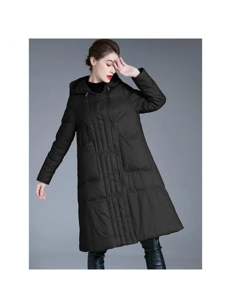 2022 Winter New Large A- Shaped Hooded Padded Thicked Long Black 90 White Duck Down Coats Women Loose Warmer Jackets