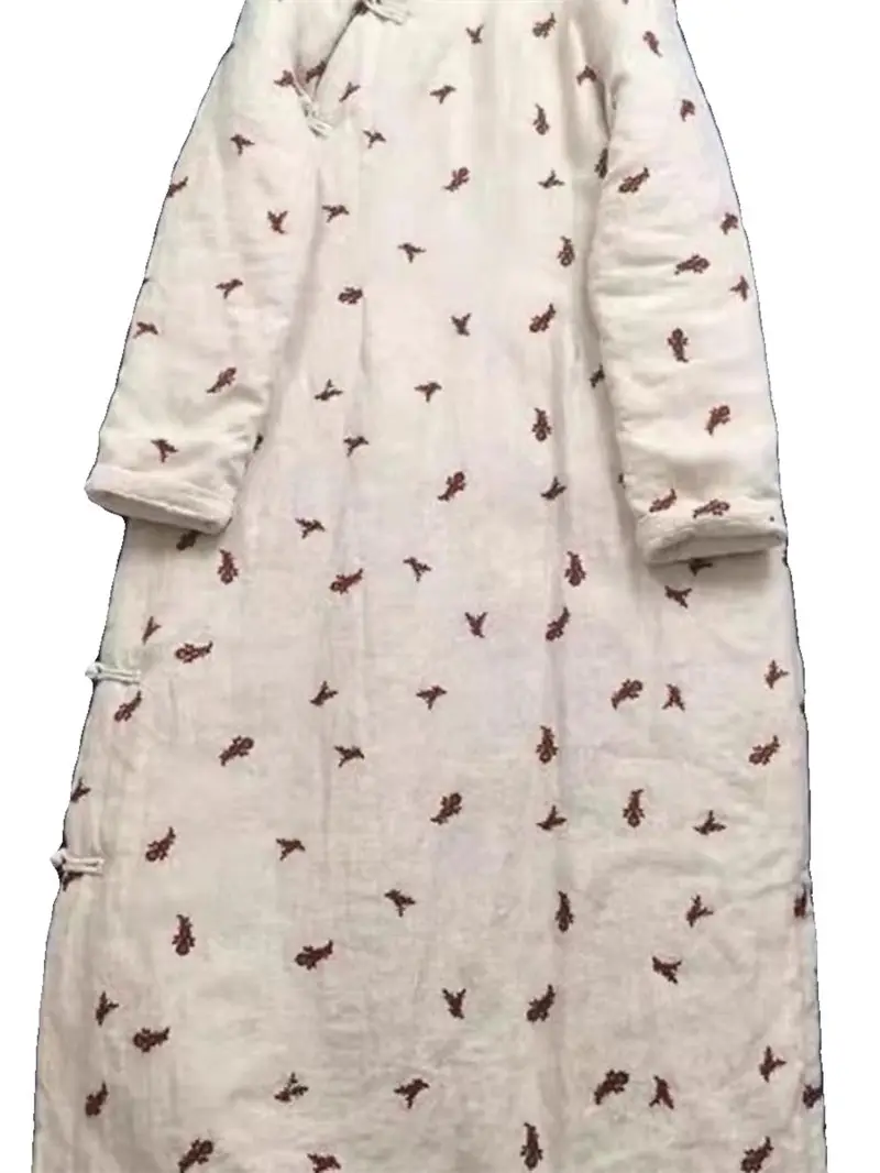 Пальто в национальном стиле ретро с пряжкой бежевое хлопковое зимнее длинное