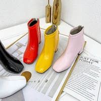 the new patent leather ankle boot women winter autumn square high heel zipper boots round nose woman shoes white red black pink