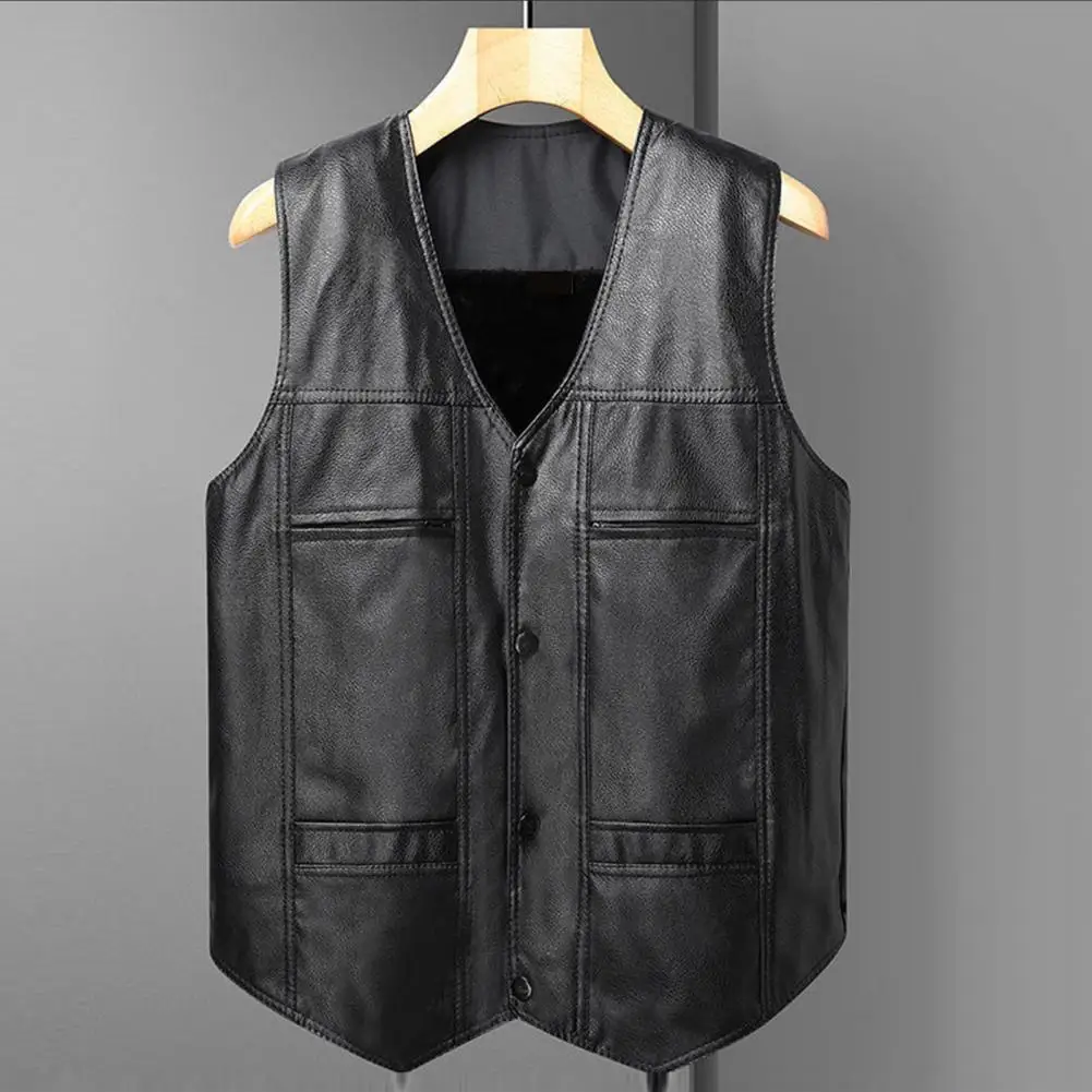 

Stylish Plush Lining Buttons Vest Sleeveless Jacket Faux Leather Coldproof