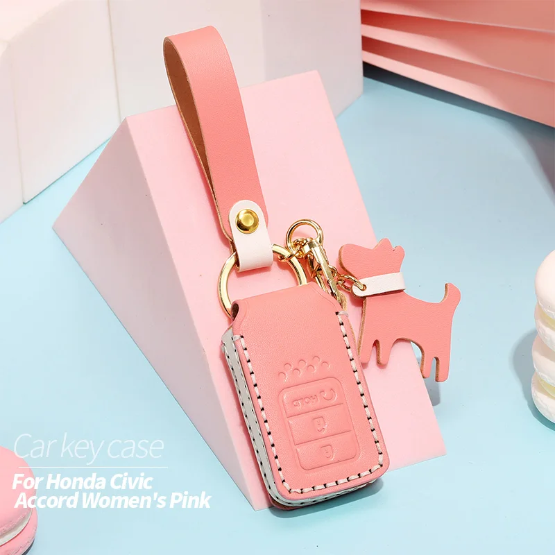

Top Layer Leather Car Key Case Shell Cover For Honda Civic Accord Women's Pink Accessories Retro Style Cowhide Bag Fashionable