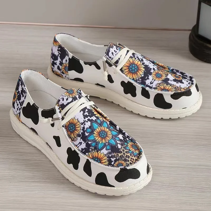 SENDNAKAI Women's Fashion Printing Soft Sole Single Shoes Sunflower Cow Pattern Canvas Shoes Non slip Lightweight Cloth Shoes