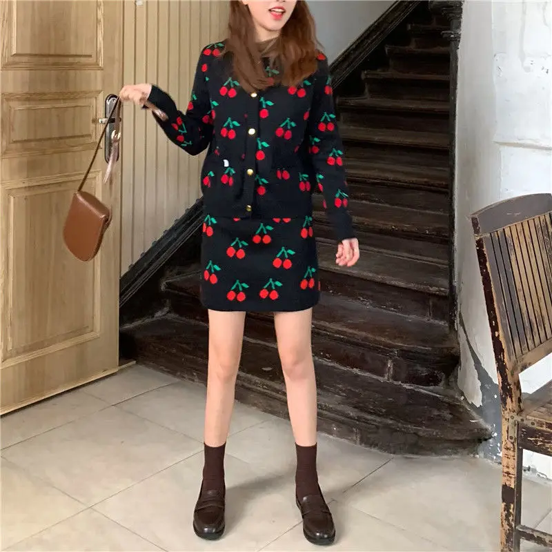 

Autumn Girl's Cherry Knit Cardigan And Skirt Two Piece Set