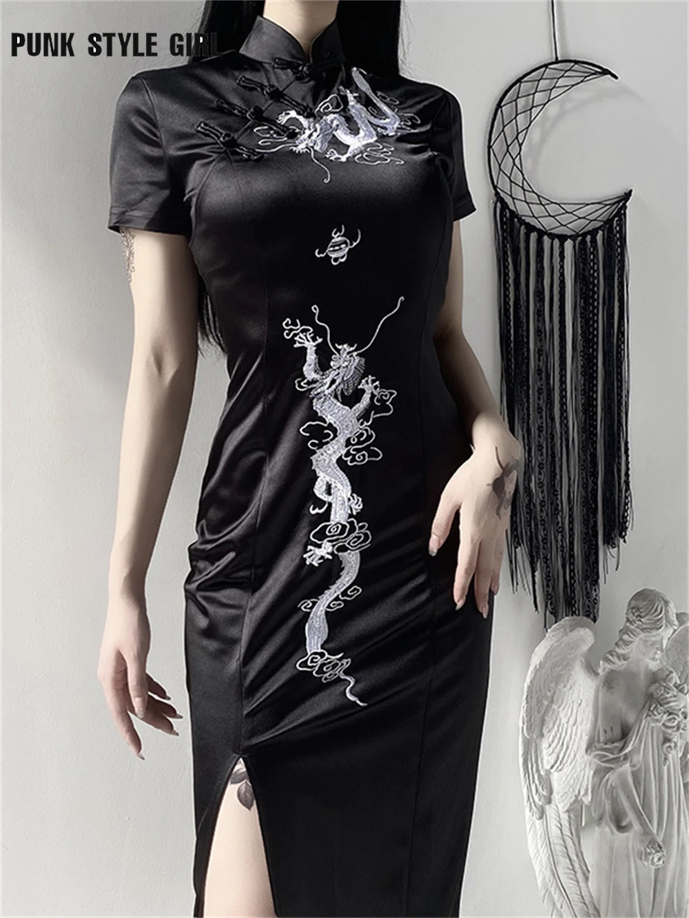 

Vintage Cheongsam Dark Gothic Bandage Midi Dress Women Bodycon Y2k Dragon Print Vestidos Chinaese Style Party Dress Evening Robe