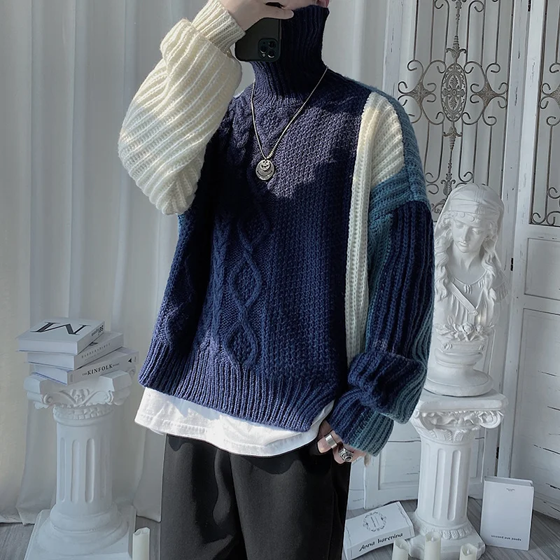 

YlSHioo 2021 New Winter Thick Warm Sweater Men Turtleneck Pullovers Mens Sweaters Loose Pullover High Street Men Knitwear Male