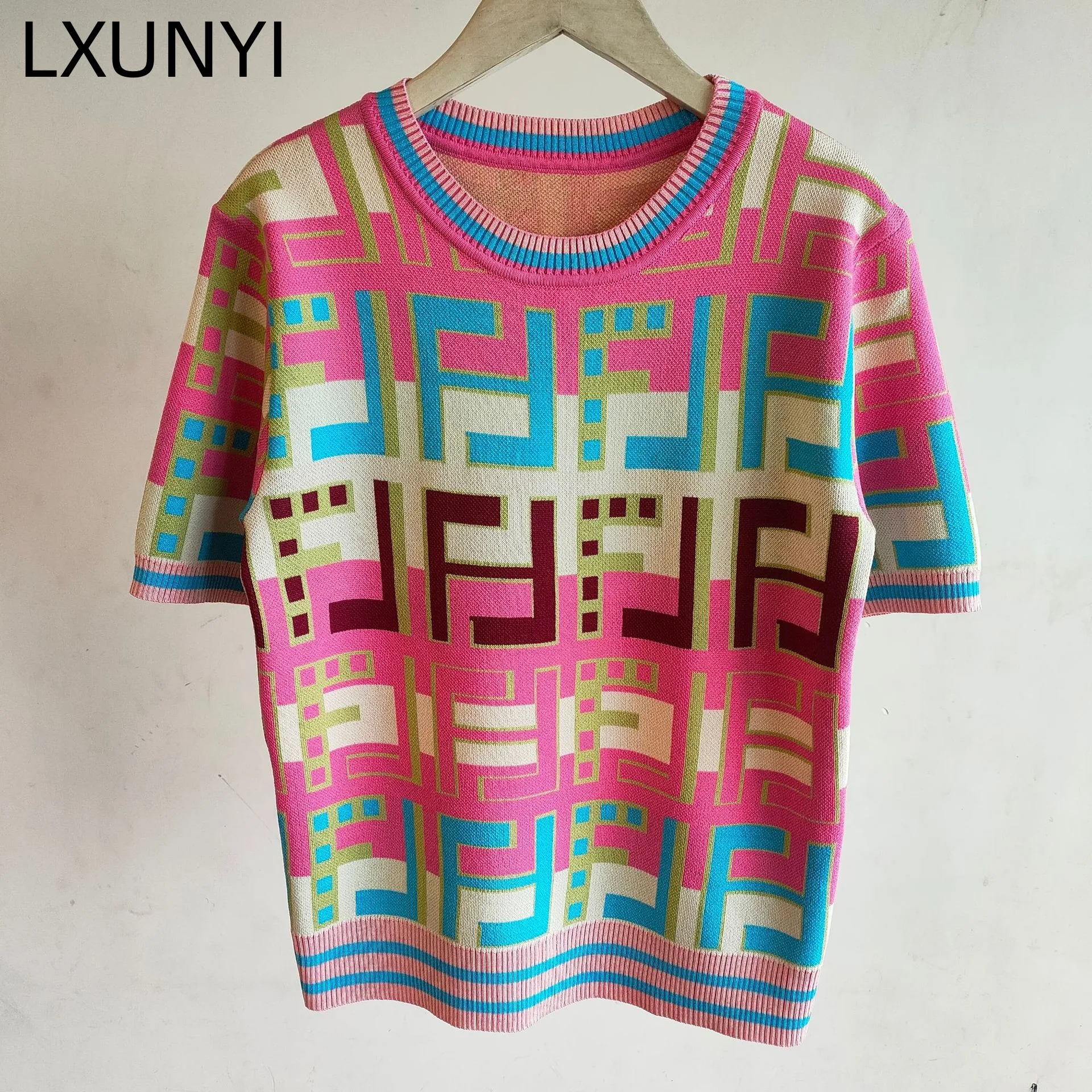 

LXUNYI Korean Fashion Pullovers Sweater Oversize Contrast Color Multicolour Jacquard Short Sleeve Top Vintage Sweter Summer